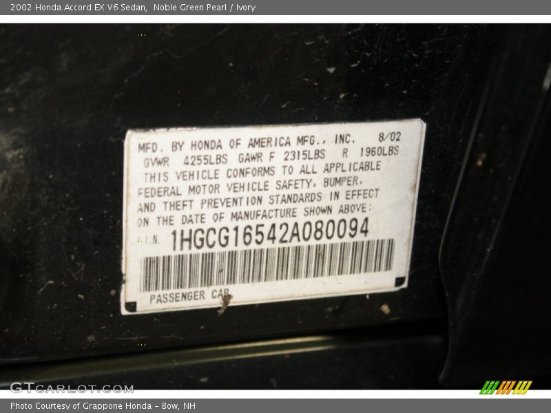 Noble Green Pearl / Ivory 2002 Honda Accord EX V6 Sedan