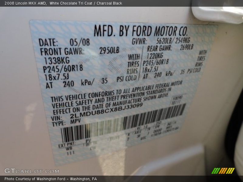 White Chocolate Tri Coat / Charcoal Black 2008 Lincoln MKX AWD