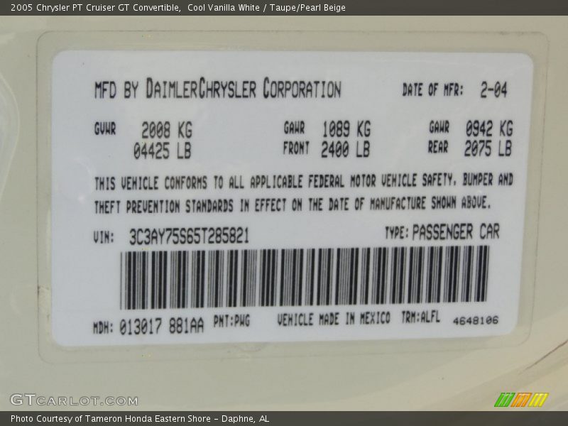 Cool Vanilla White / Taupe/Pearl Beige 2005 Chrysler PT Cruiser GT Convertible
