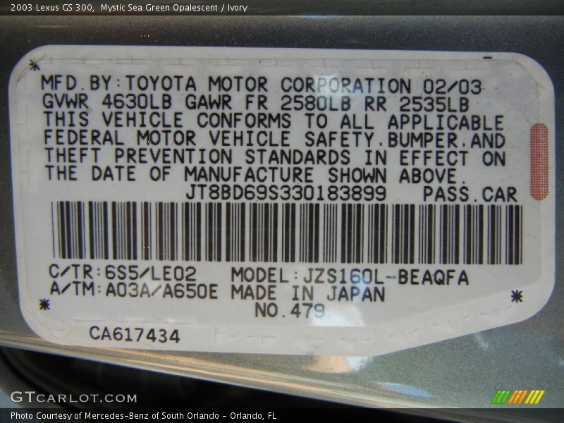 2003 GS 300 Mystic Sea Green Opalescent Color Code 6S5