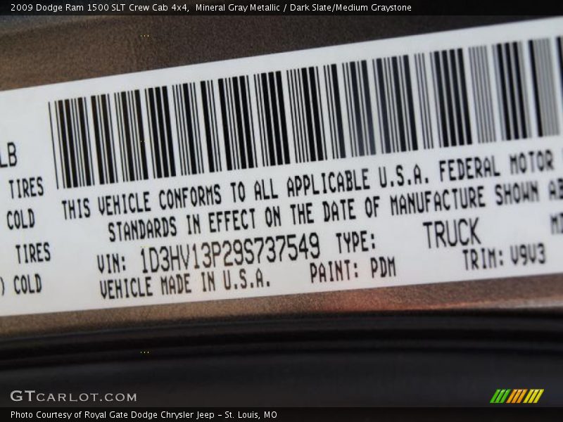 2009 Ram 1500 SLT Crew Cab 4x4 Mineral Gray Metallic Color Code PDM