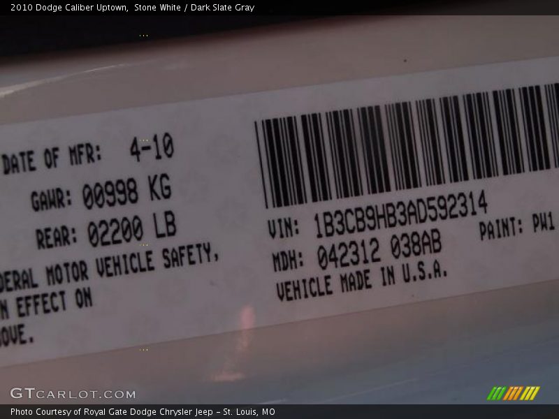 2010 Caliber Uptown Stone White Color Code PW1