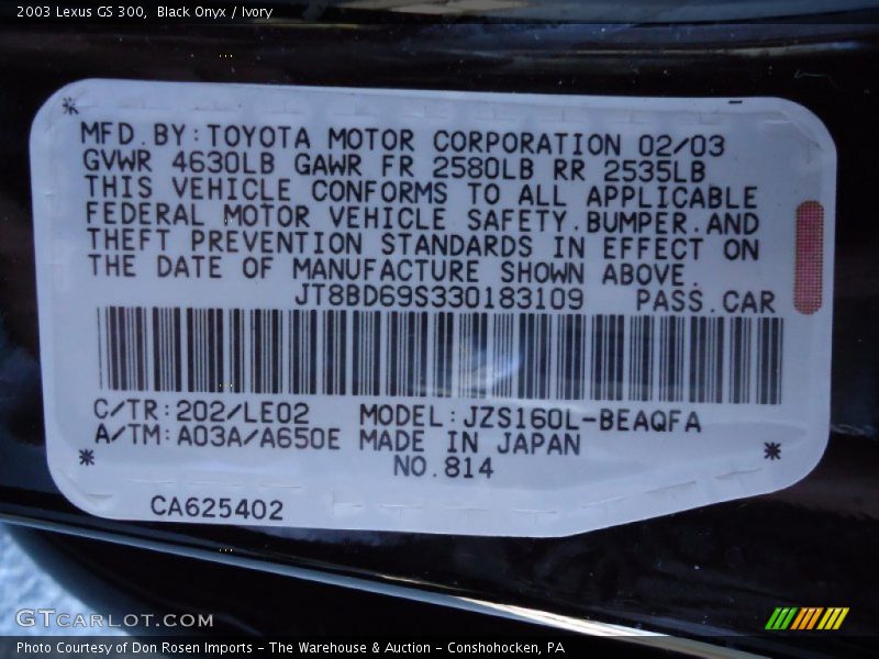 2003 GS 300 Black Onyx Color Code 202