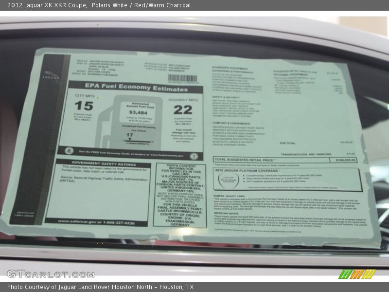  2012 XK XKR Coupe Window Sticker