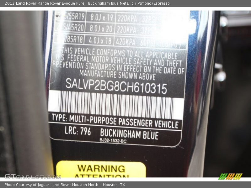 Buckingham Blue Metallic / Almond/Espresso 2012 Land Rover Range Rover Evoque Pure