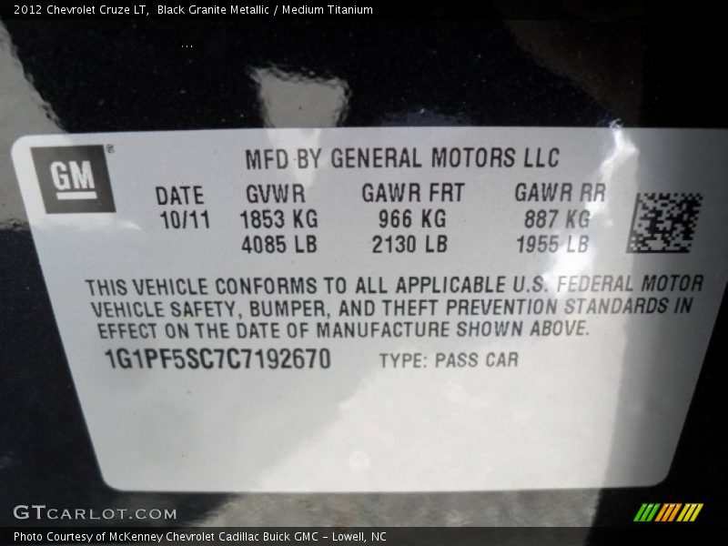 Black Granite Metallic / Medium Titanium 2012 Chevrolet Cruze LT