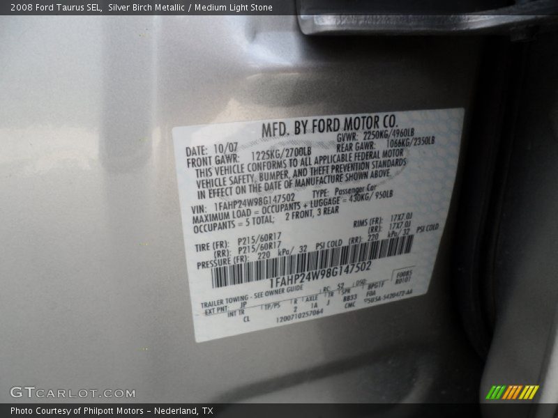 Silver Birch Metallic / Medium Light Stone 2008 Ford Taurus SEL