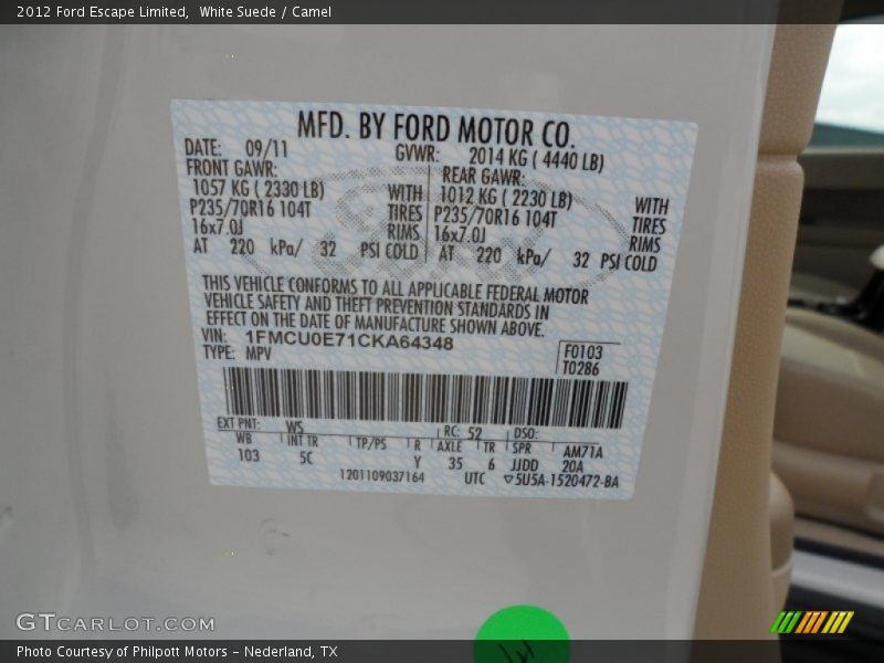 White Suede / Camel 2012 Ford Escape Limited