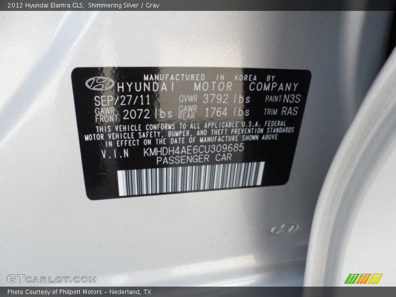 2012 Elantra GLS Shimmering Silver Color Code N3S