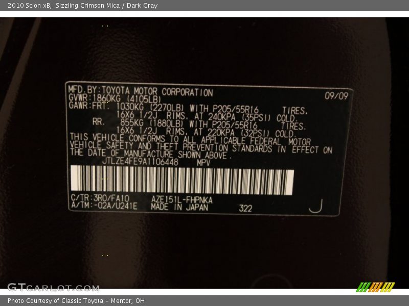 2010 xB  Sizzling Crimson Mica Color Code 3R0