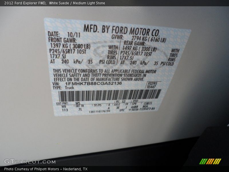 2012 Explorer FWD White Suede Color Code WS