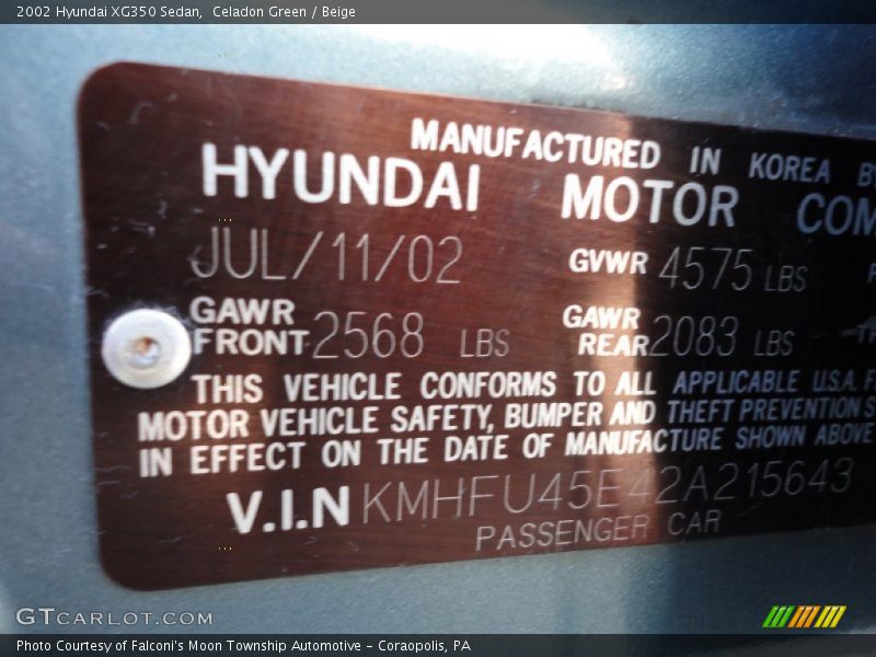 Celadon Green / Beige 2002 Hyundai XG350 Sedan