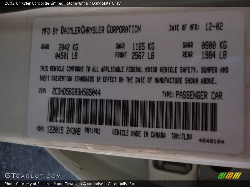  2003 Concorde Limited Stone White Color Code
