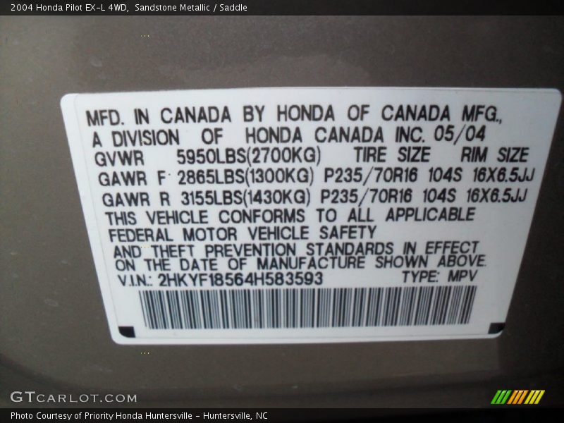 Sandstone Metallic / Saddle 2004 Honda Pilot EX-L 4WD