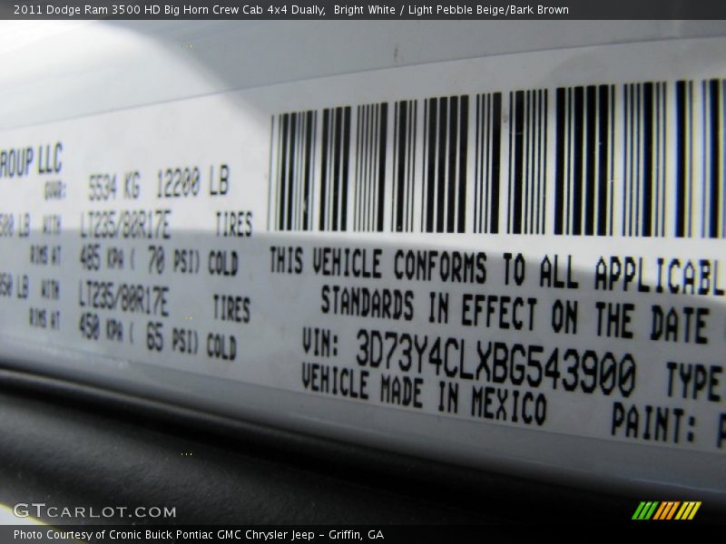 Bright White / Light Pebble Beige/Bark Brown 2011 Dodge Ram 3500 HD Big Horn Crew Cab 4x4 Dually