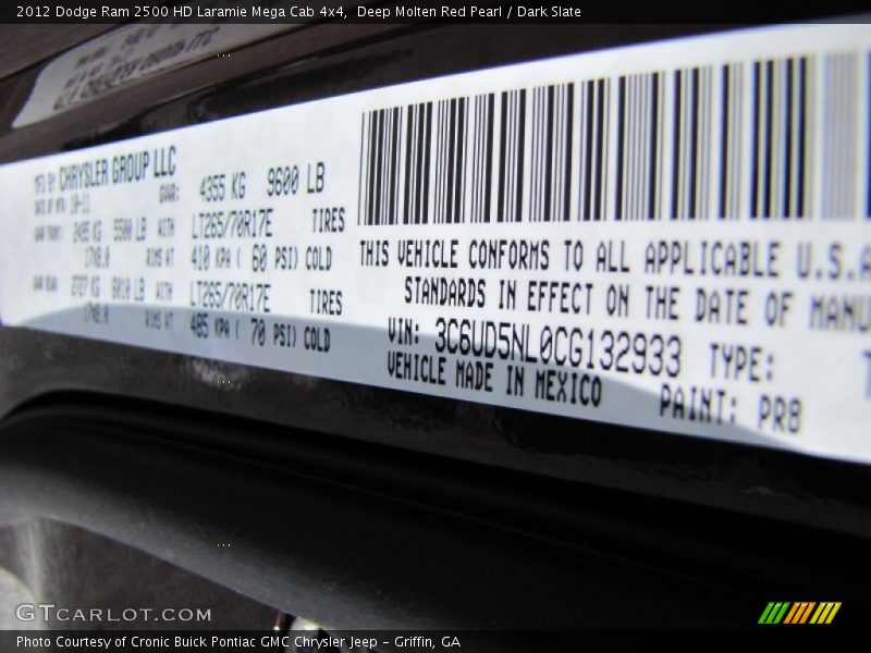 2012 Ram 2500 HD Laramie Mega Cab 4x4 Deep Molten Red Pearl Color Code PR8