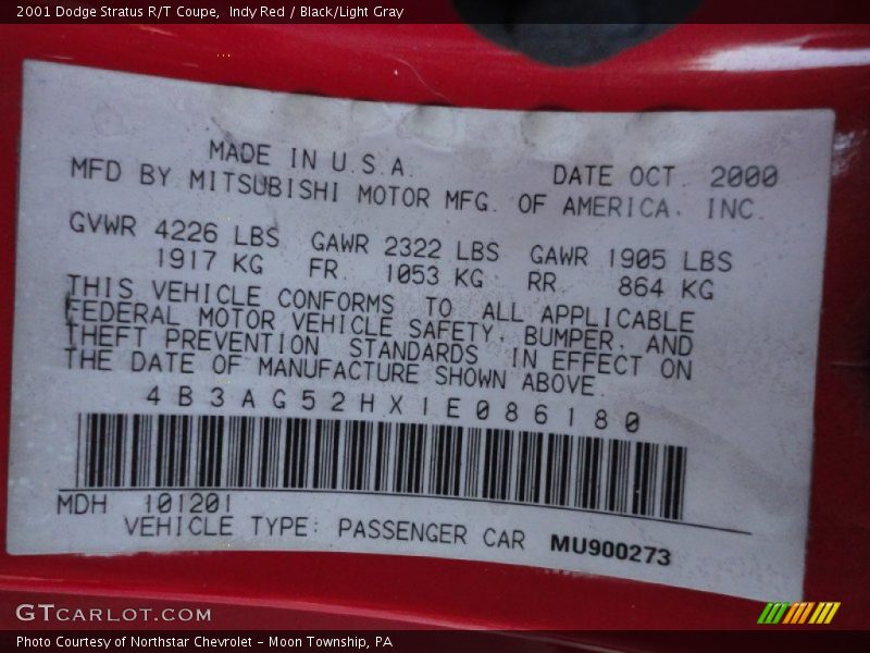 Indy Red / Black/Light Gray 2001 Dodge Stratus R/T Coupe