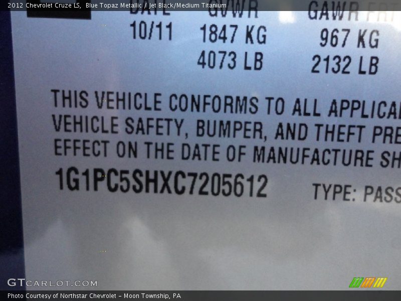 Blue Topaz Metallic / Jet Black/Medium Titanium 2012 Chevrolet Cruze LS