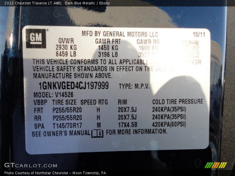 Info Tag of 2012 Traverse LT AWD