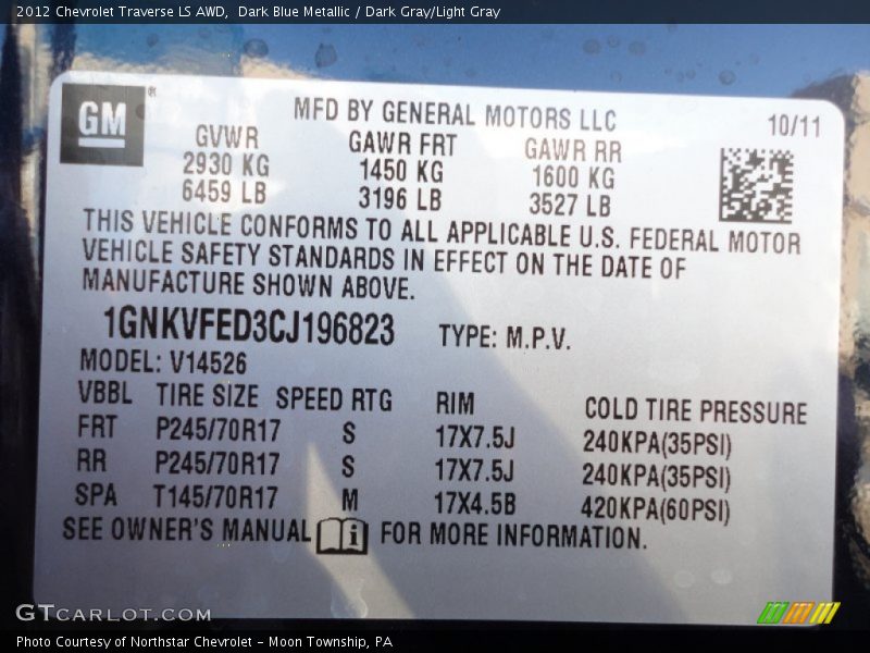 Dark Blue Metallic / Dark Gray/Light Gray 2012 Chevrolet Traverse LS AWD