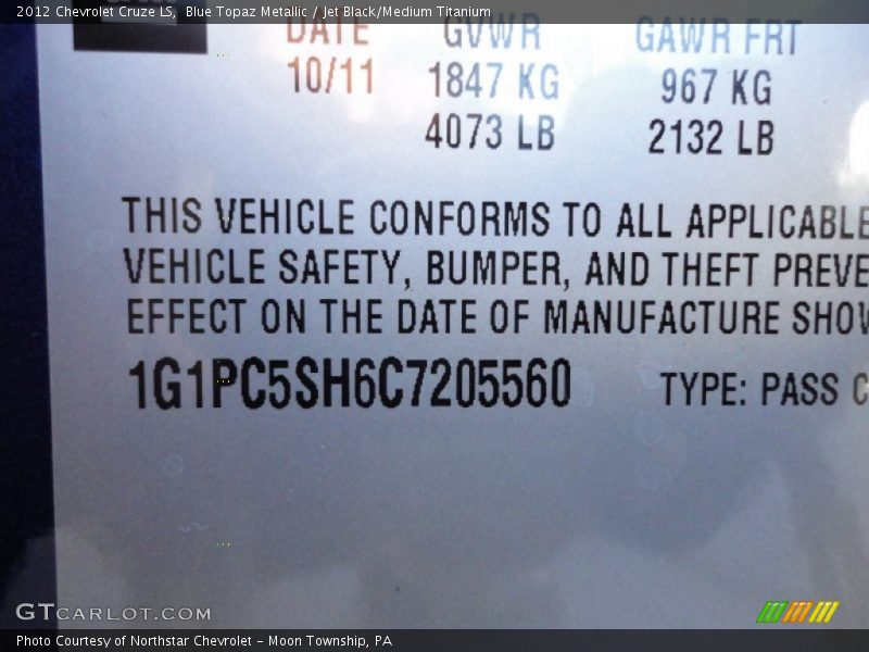 Blue Topaz Metallic / Jet Black/Medium Titanium 2012 Chevrolet Cruze LS