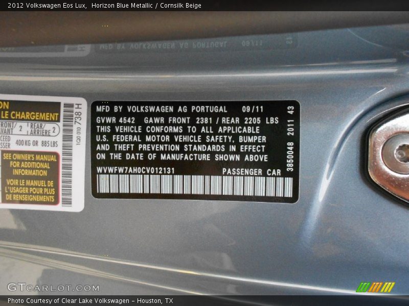 Horizon Blue Metallic / Cornsilk Beige 2012 Volkswagen Eos Lux
