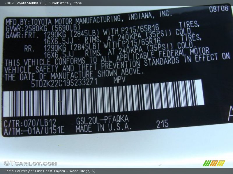Super White / Stone 2009 Toyota Sienna XLE