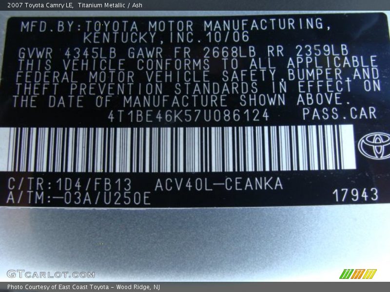 Titanium Metallic / Ash 2007 Toyota Camry LE