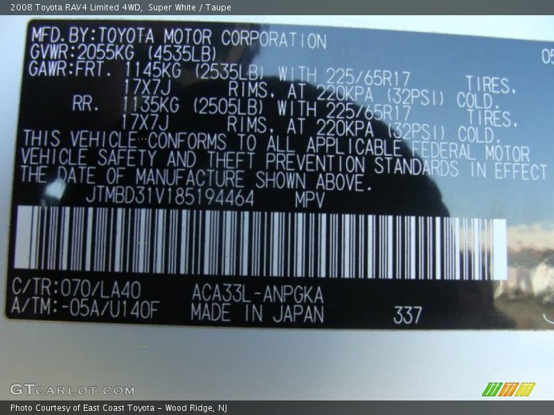 Super White / Taupe 2008 Toyota RAV4 Limited 4WD