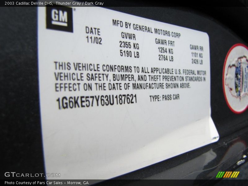 Info Tag of 2003 DeVille DHS