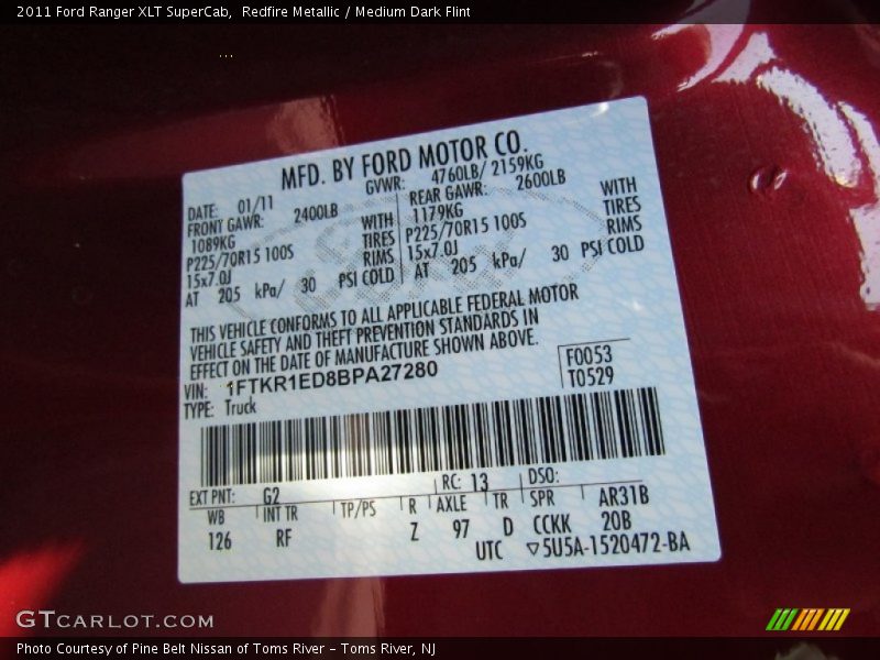 2011 Ranger XLT SuperCab Redfire Metallic Color Code G2