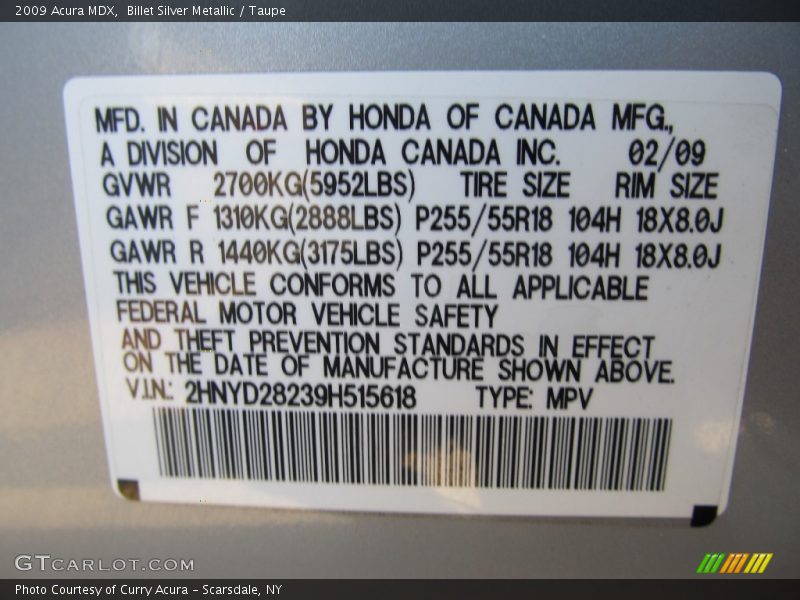 Billet Silver Metallic / Taupe 2009 Acura MDX