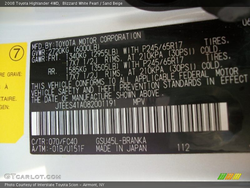 Blizzard White Pearl / Sand Beige 2008 Toyota Highlander 4WD