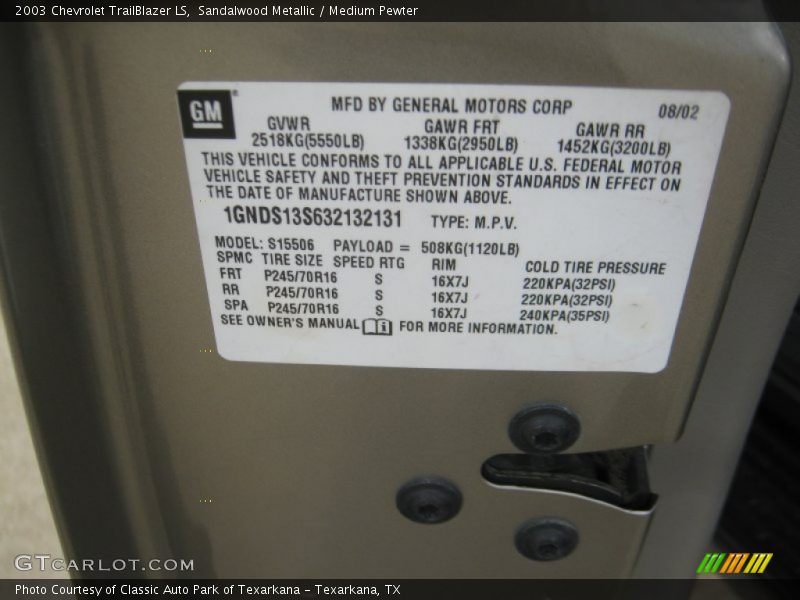 Sandalwood Metallic / Medium Pewter 2003 Chevrolet TrailBlazer LS