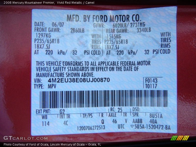 2008 Mountaineer Premier Vivid Red Metallic Color Code G2