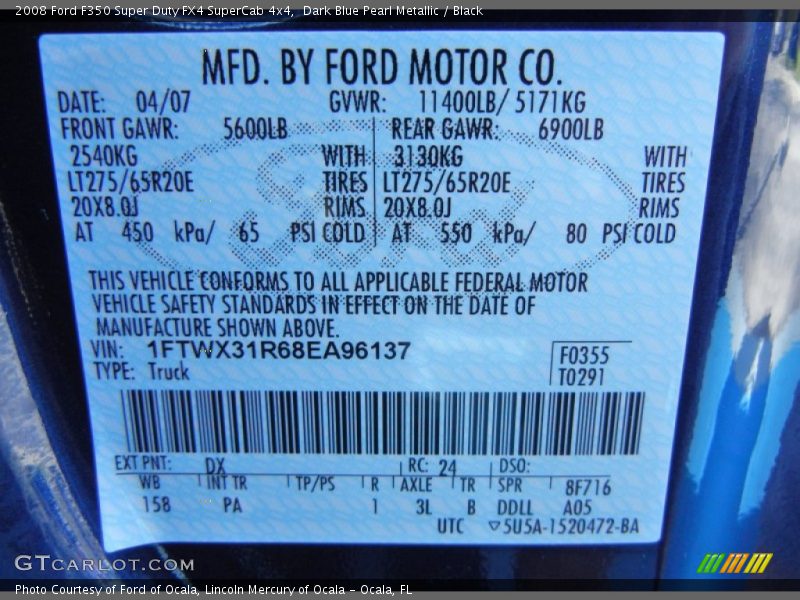 2008 F350 Super Duty FX4 SuperCab 4x4 Dark Blue Pearl Metallic Color Code DX
