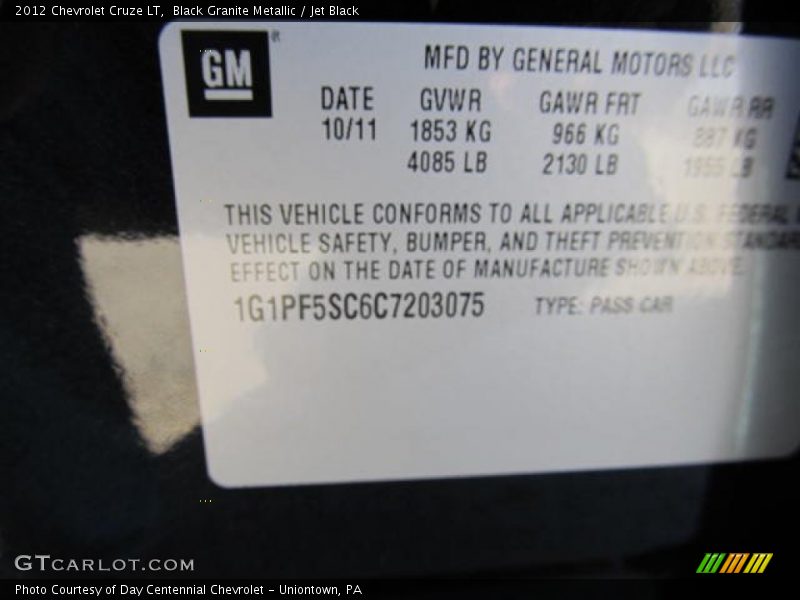 Black Granite Metallic / Jet Black 2012 Chevrolet Cruze LT