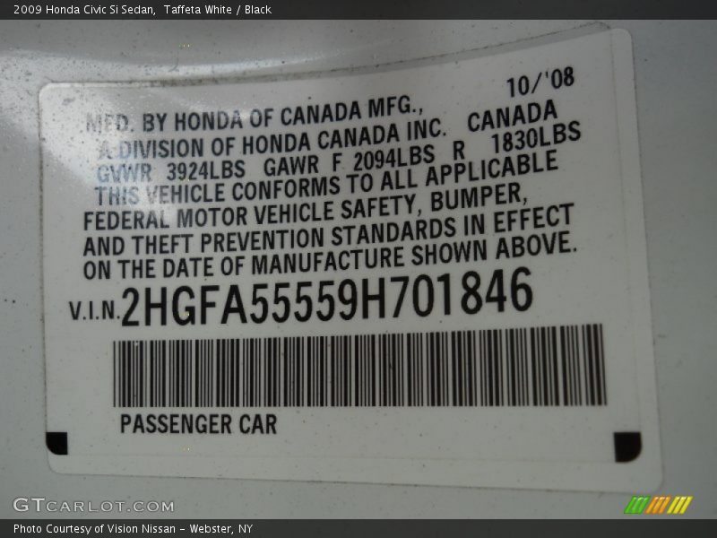Taffeta White / Black 2009 Honda Civic Si Sedan