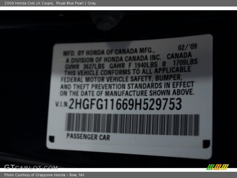 Royal Blue Pearl / Gray 2009 Honda Civic LX Coupe