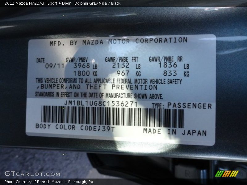 2012 MAZDA3 i Sport 4 Door Dolphin Gray Mica Color Code 39T