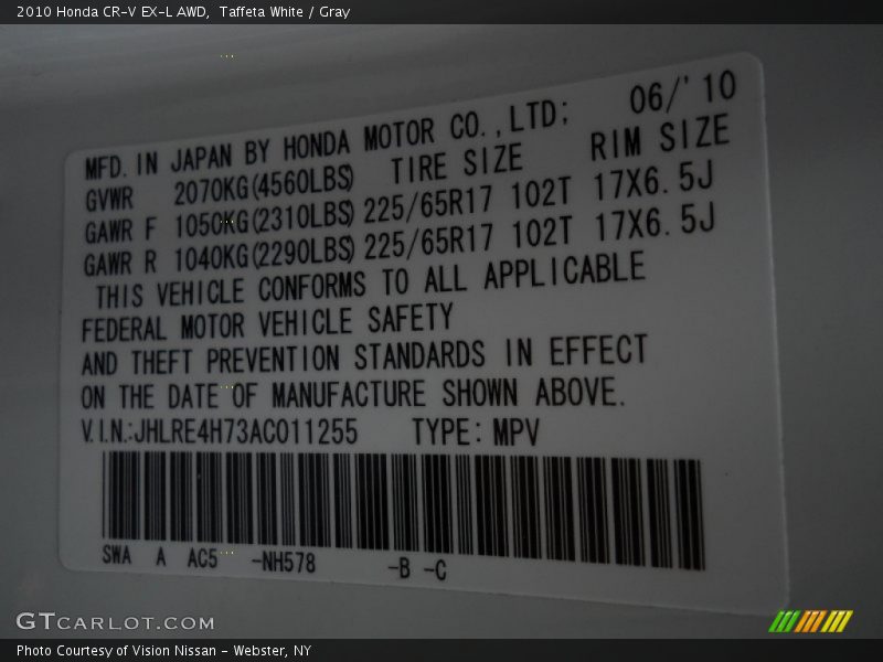 Taffeta White / Gray 2010 Honda CR-V EX-L AWD