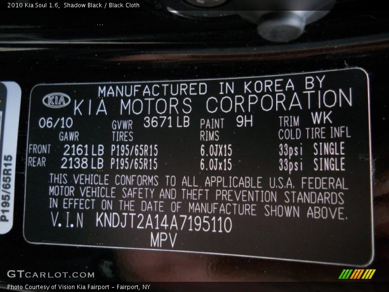 2010 Soul 1.6 Shadow Black Color Code 9H