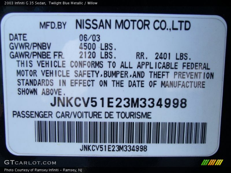 Twilight Blue Metallic / Willow 2003 Infiniti G 35 Sedan