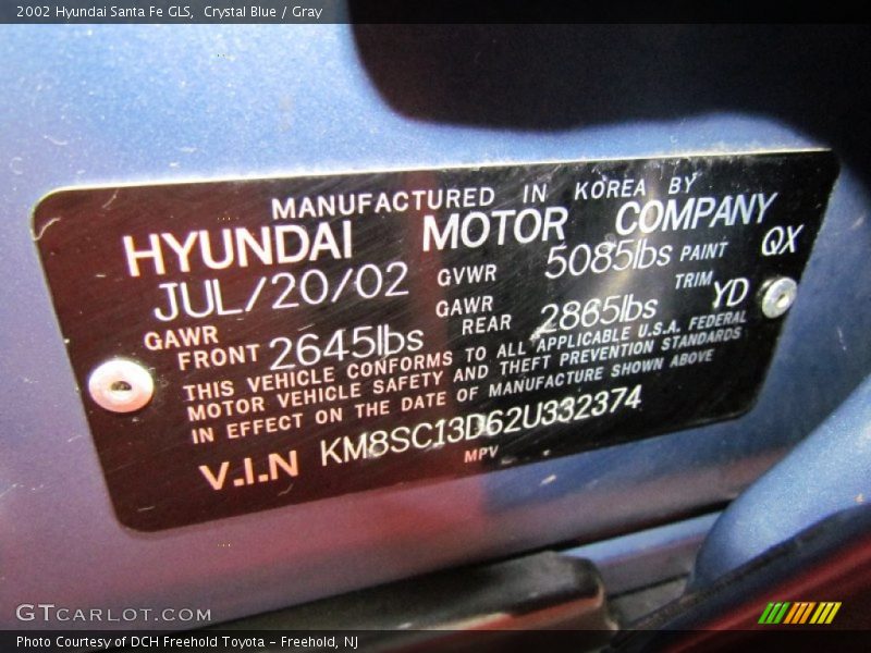Crystal Blue / Gray 2002 Hyundai Santa Fe GLS