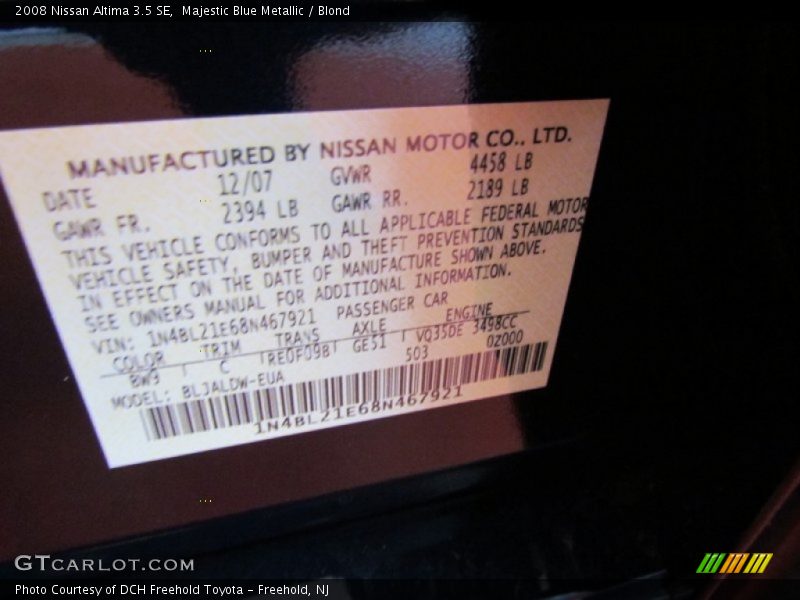 Majestic Blue Metallic / Blond 2008 Nissan Altima 3.5 SE