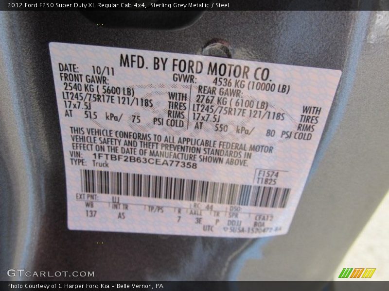 2012 F250 Super Duty XL Regular Cab 4x4 Sterling Grey Metallic Color Code UJ