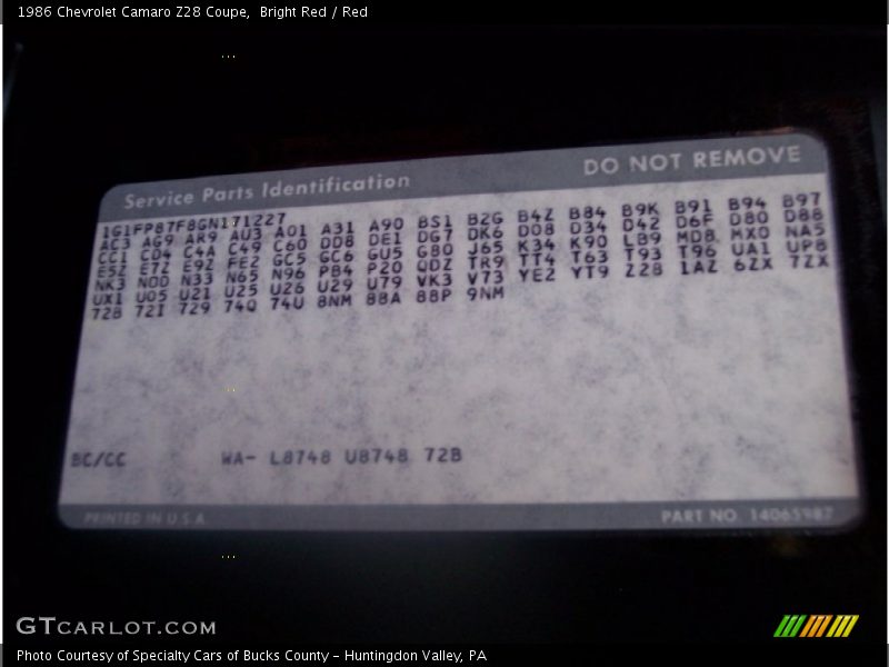 Info Tag of 1986 Camaro Z28 Coupe