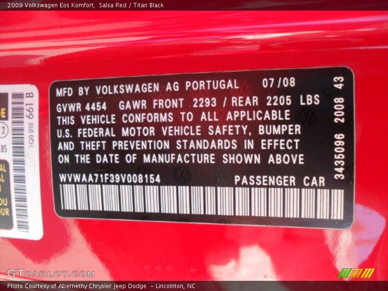 Salsa Red / Titan Black 2009 Volkswagen Eos Komfort