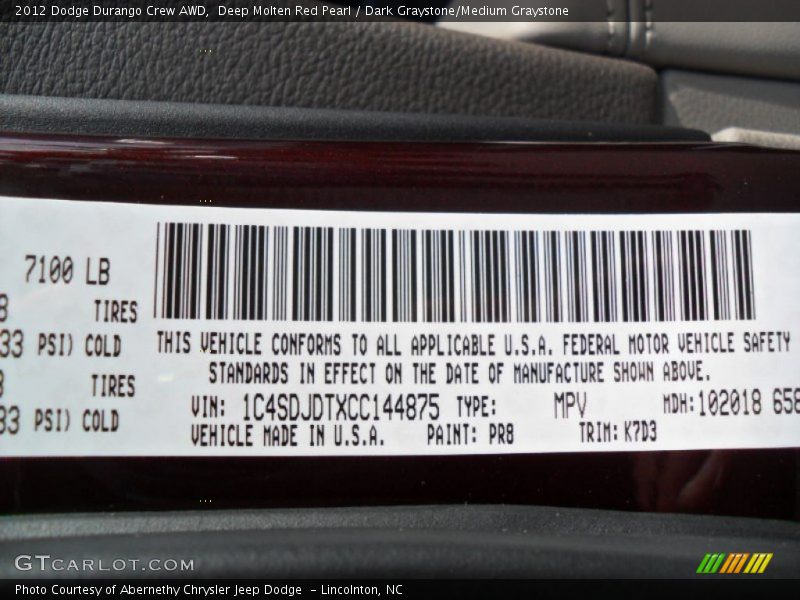 2012 Durango Crew AWD Deep Molten Red Pearl Color Code PR8