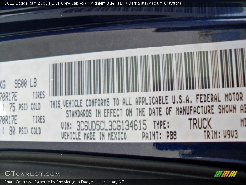 2012 Ram 2500 HD ST Crew Cab 4x4 Midnight Blue Pearl Color Code PB8